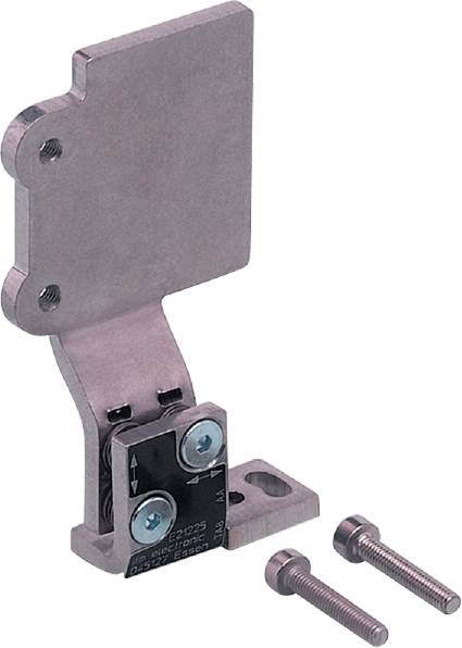 Metallteil mit beweglicher Lasche, zwei Schrauben und Pfeilen auf schwarzem Hintergrund, wahrscheinlich ein mechanisches Scharnier oder Anschlag.