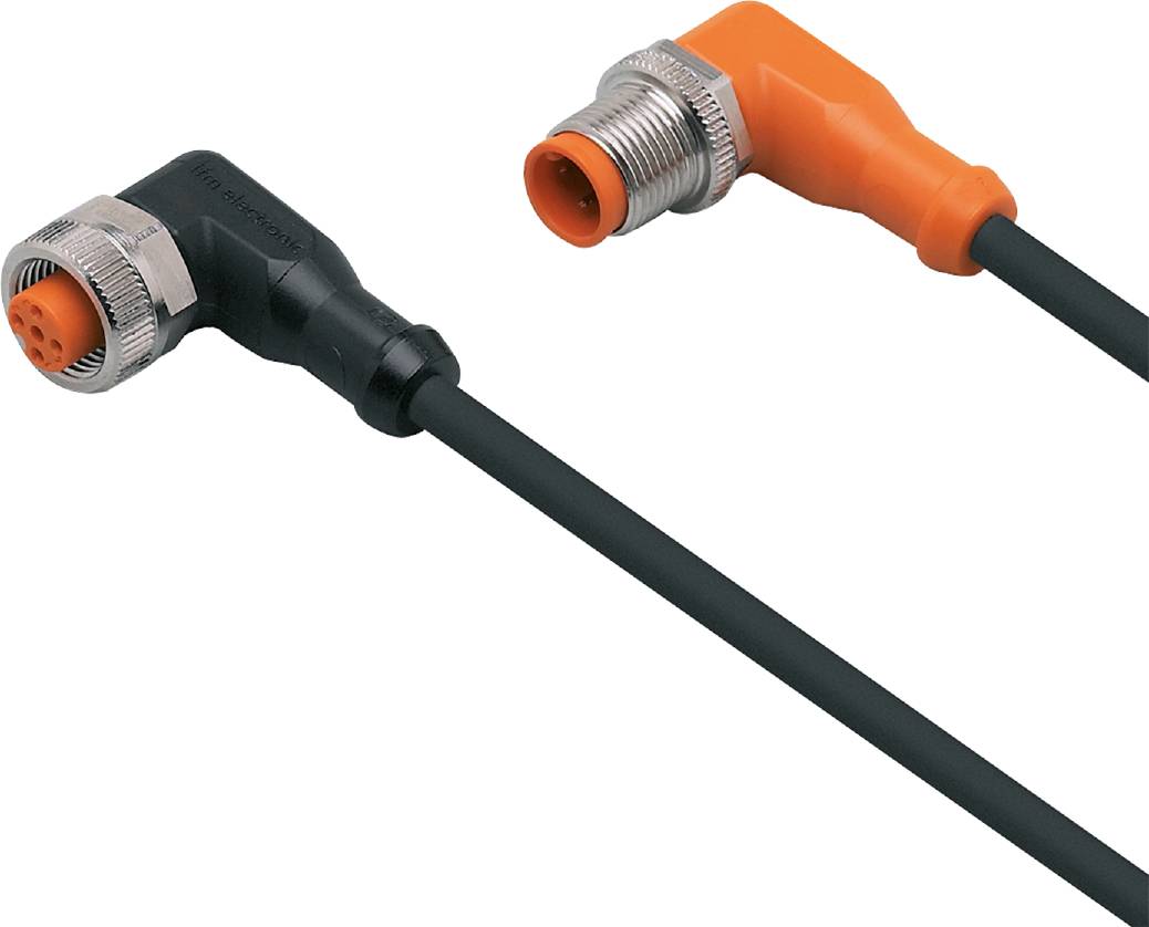 Ein schwarzes Kabel mit einem orangefarbenen, gewinkelten Anschlussteil und einem geraden, silbernen Steckverbinderenden.