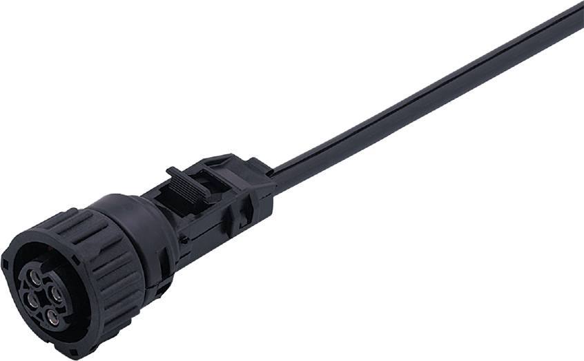 Ein schwarzer, wasserdichter Steckverbinder mit einem Kabel, geeignet für den Einsatz in Außen- oder Nassbereichen.