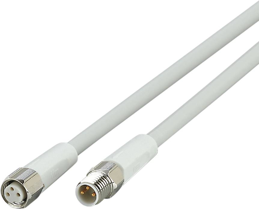 Zwei weiße Koaxialkabel mit Metallanschlüssen, die ineinandergreifen können, sind auf einem weißen Hintergrund abgebildet.