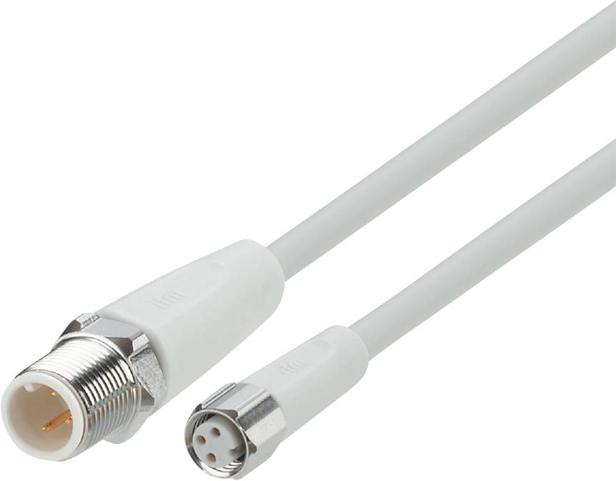 Ein weißes Kabel mit zwei Steckern: ein länglicher Buchsenstecker links, ein runder Stecker mit mehreren Pins rechts.