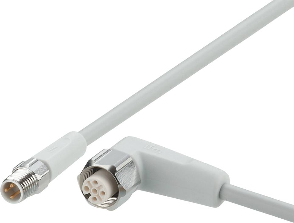 Ein weißes, abgewinkeltes Kabel mit einem runden, mehrpoligen Stecker an einem Ende, geeignet für technische Geräte oder medizinische Anwendungen.