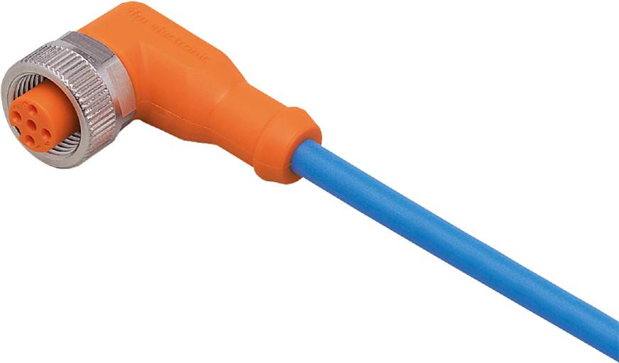 Oranger, abgewinkelter Steckverbinder verbunden mit einem blauen Rohr; industrielle Verbindungskomponente.