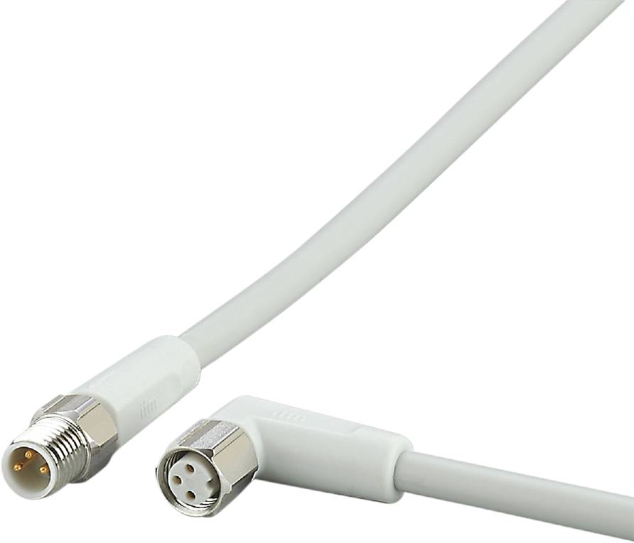 Ein weißes Koaxialkabel mit zwei Steckern, einem geraden und einem rechtwinkligen, auf einem neutralen Hintergrund.