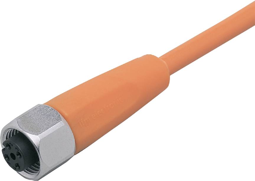 Ein orangefarbenes Kabel mit einem silbernen Stecker, möglicherweise ein Verbindungskabel, vor einem weißen Hintergrund.