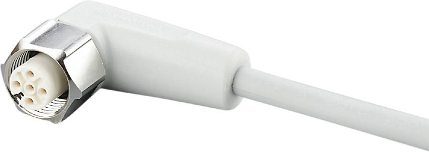 Eine weiße Buchse mit einem kurzen weißen Kabel, möglicherweise Teil eines elektronischen Geräts oder Ladegeräts.