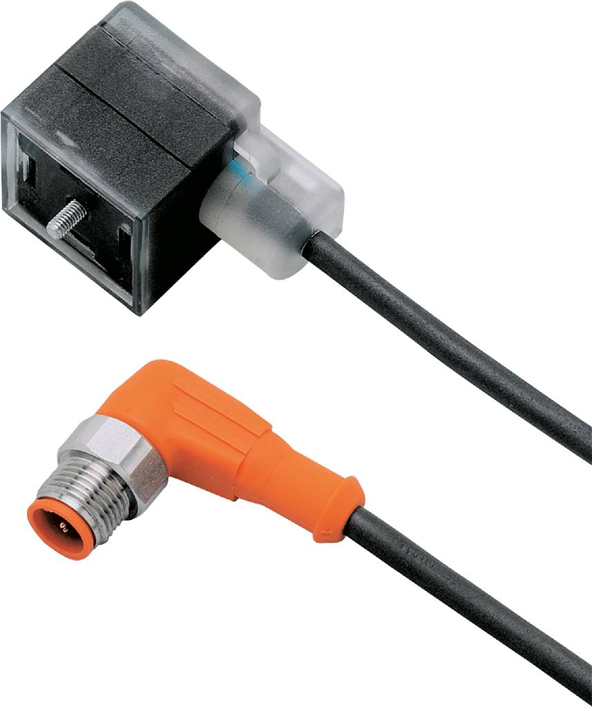 Ein rechteckiger elektrischer Steckverbinder mit transparentem Gehäuse und ein orangefarbener, gewinkelter Stecker mit Kabel.