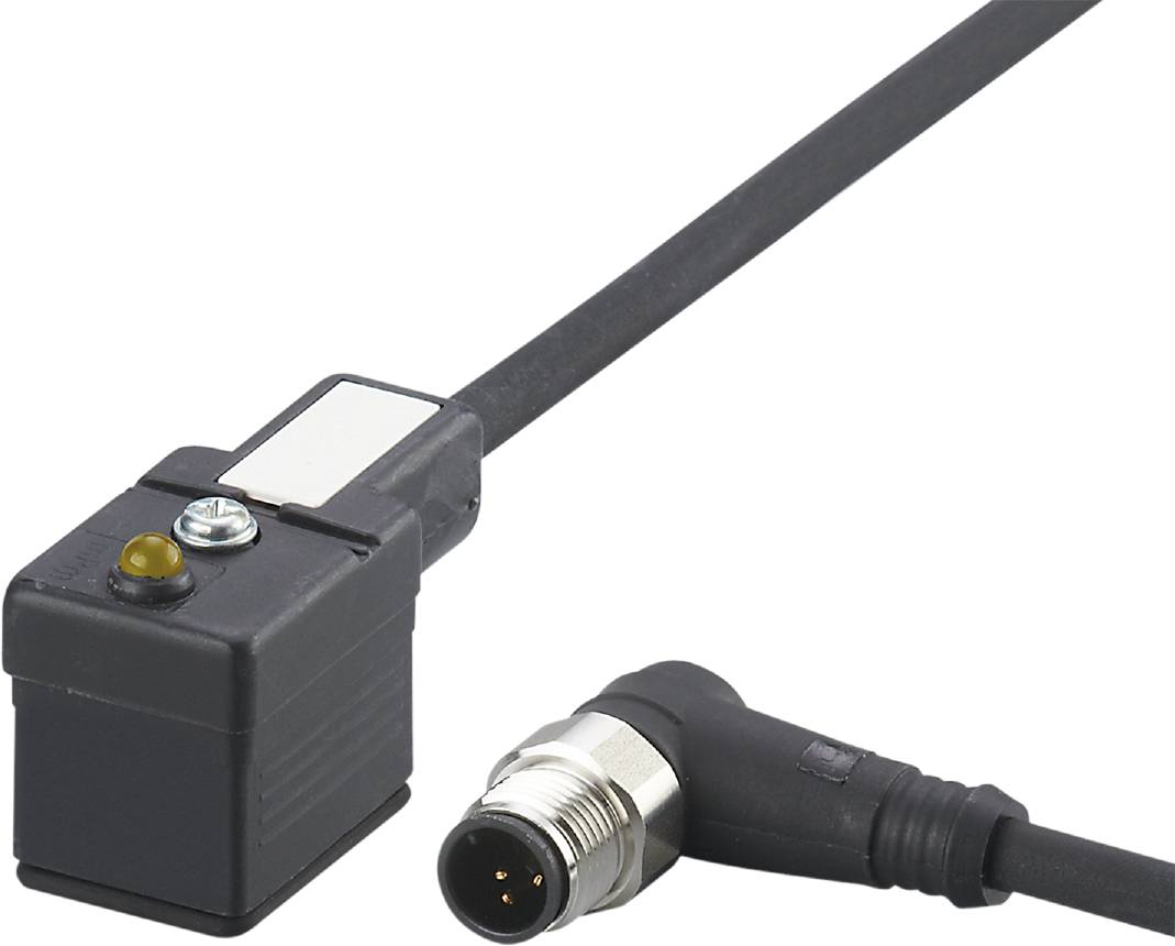 Ein rechteckiger Sensor mit LED-Anzeige verbunden mit einem Kabel, das in einem Metallstecker endet.