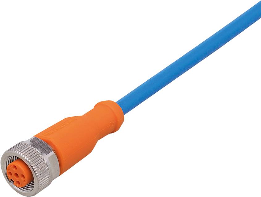 Ein orangefarbenes Kabel mit blauem Mantel und silbernem Stecker.