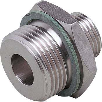 Metallverbindung mit Gewinde und Mutter, geeignet für Rohre oder Schläuche in industriellen Anwendungen.