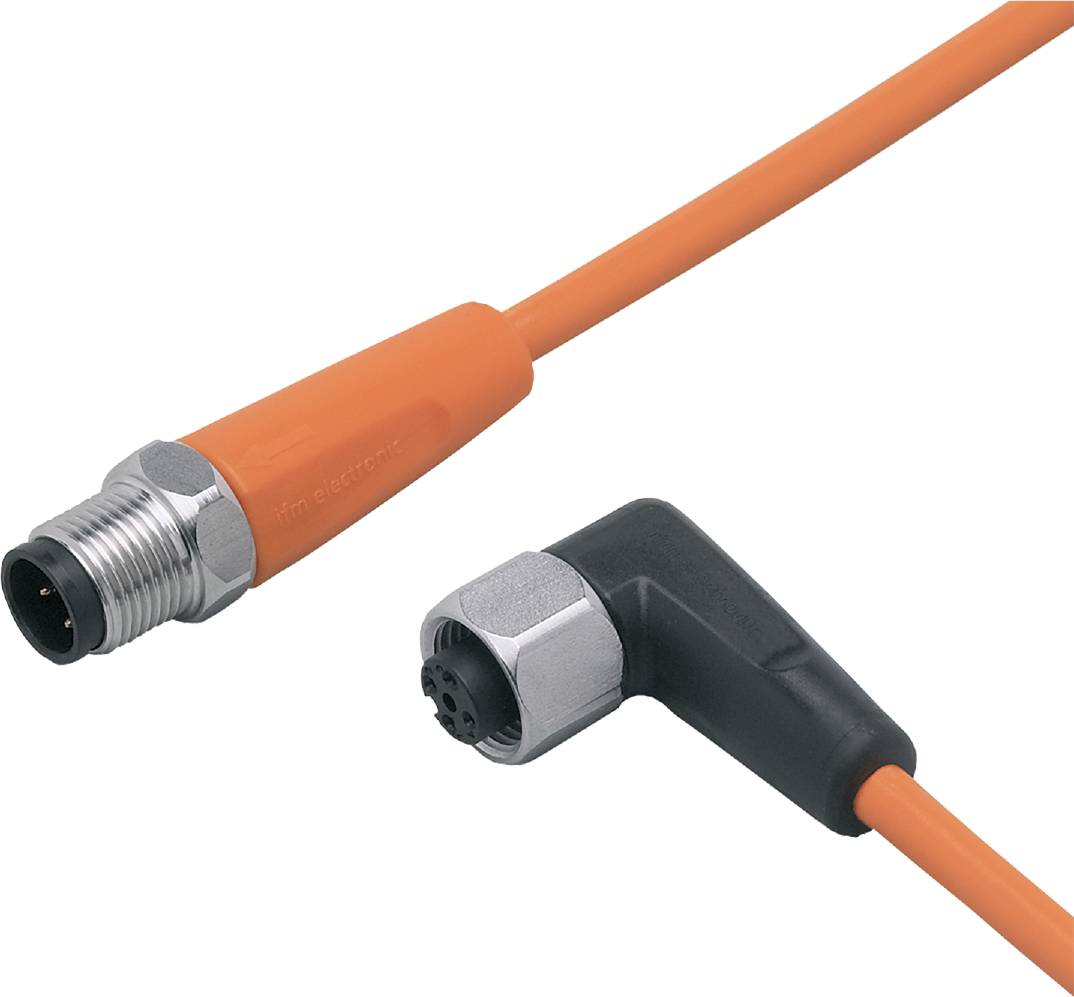 Ein orange-schwarzes Kabel mit geradem und gewinkeltem Stecker. Geeignet für industrielle Verkabelung.