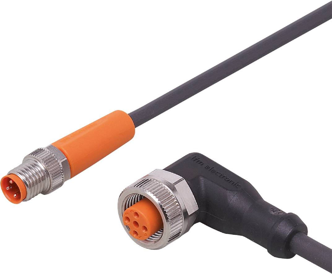 Ein schwarzes, rechtwinkliges elektronisches Kabel mit einem metallischen und orangefarbenen Steckverbinder an jedem Ende.