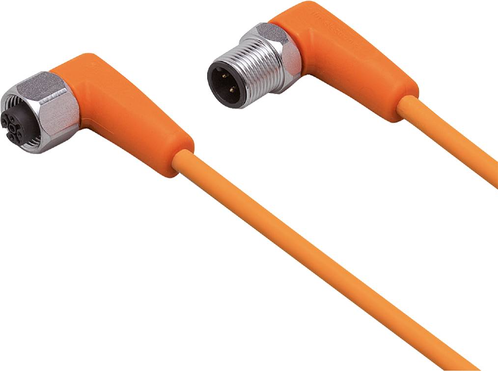 Ein orangefarbenes Kabel mit einem gewinkelten Metallstecker, geeignet für industrielle Anwendungen.