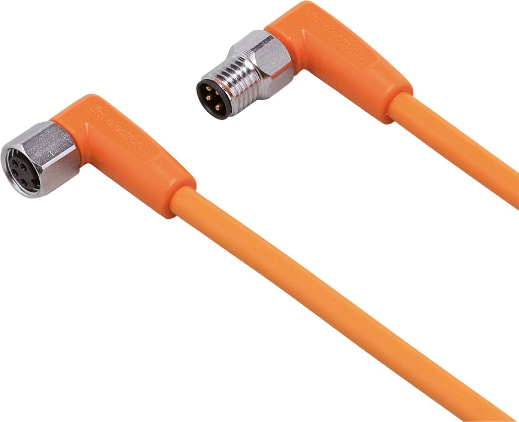 Zwei orangefarbene abgewinkelte Steckverbinder mit mehreren Pins und Kabeln, geeignet für industrielle Anwendungen.