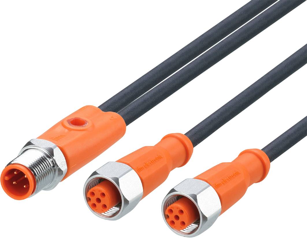 Drei orange-schwarze Kabel mit runden Anschlusssteckern. Sie besitzen Metallgewinde an den Enden und sind miteinander verbunden.