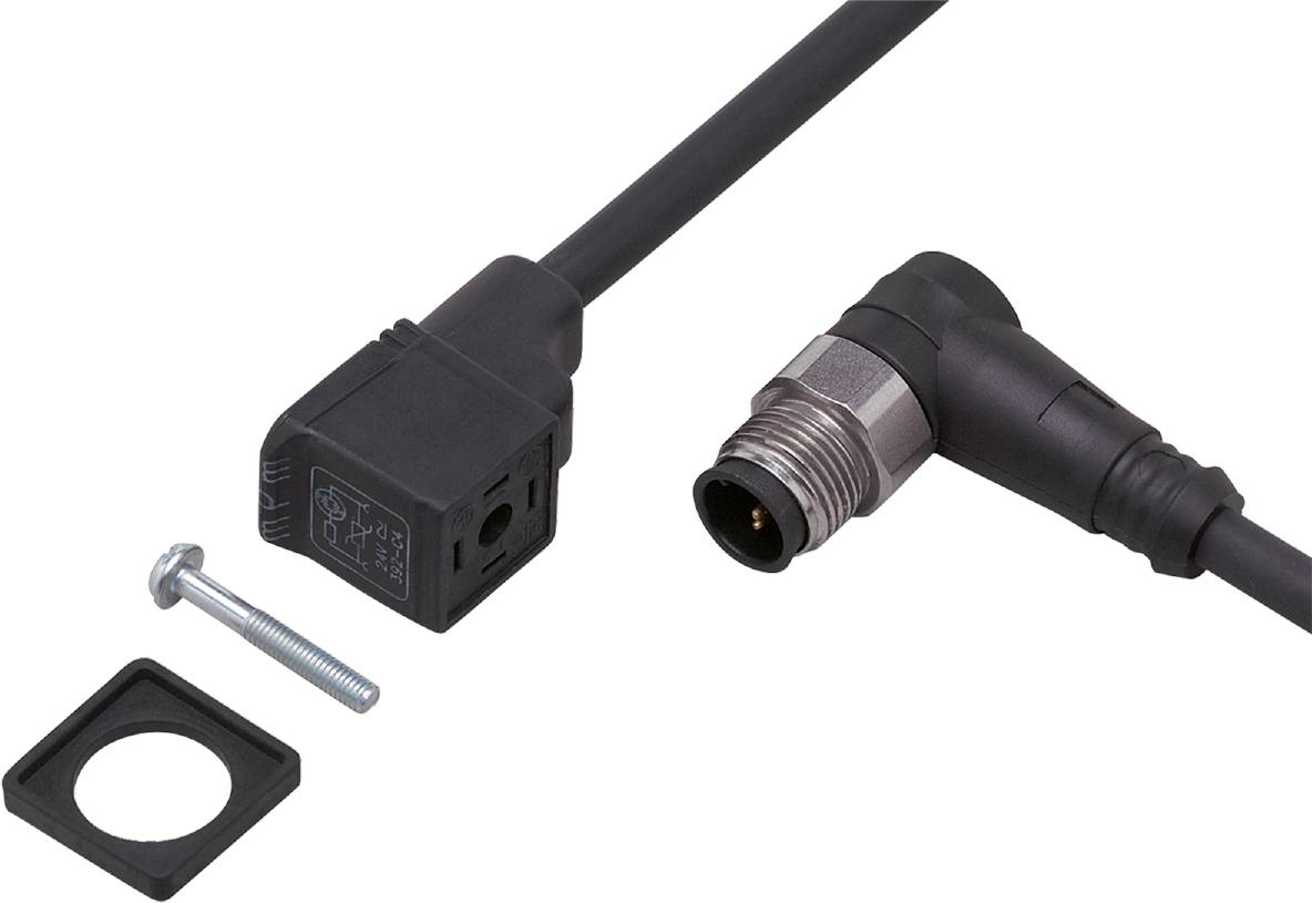 Kabel mit rechteckigem Kunststoffstecker und rundem Metallstecker. Geeignet für industrielle Anwendungen.