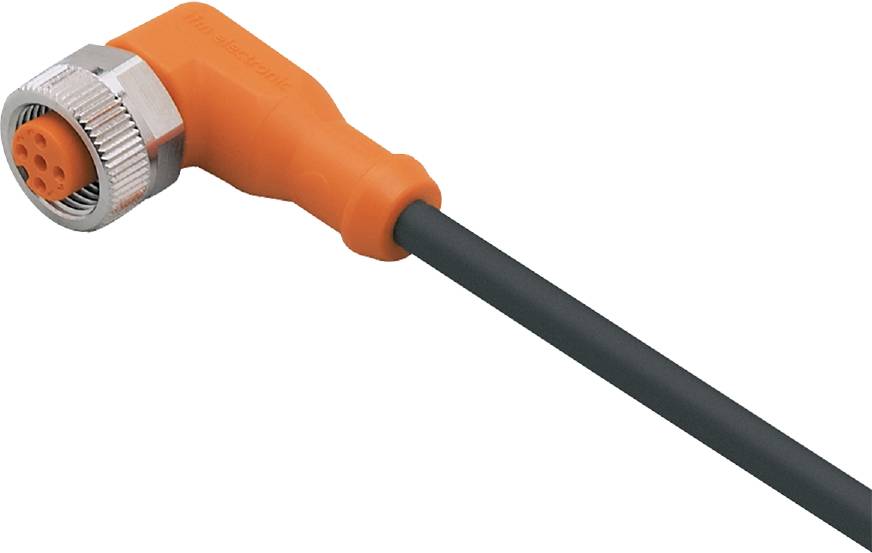 Ein orangefarbener Kabelanschluss, der mit einem schwarzen Kabel verbunden ist, steht in einer Bildaufnahme im Fokus.