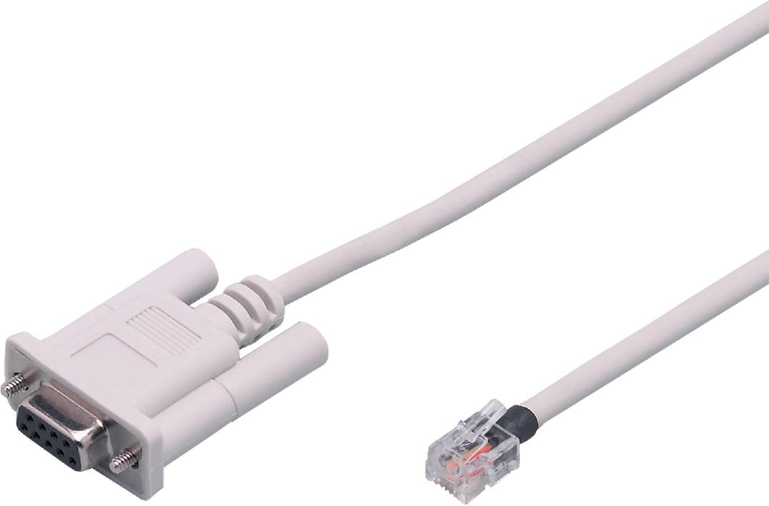 Ein weißes Modemkabel mit zwei Steckern am Ende, einschließlich eines RJ11-Steckers, auf weißem Hintergrund.
