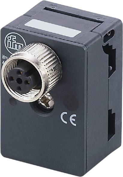 Ein rechteckiger elektronischer Sensor mit einem runden, metallischen Steckanschluss. Gehäuse in Grau, markiert mit 'CE'.
