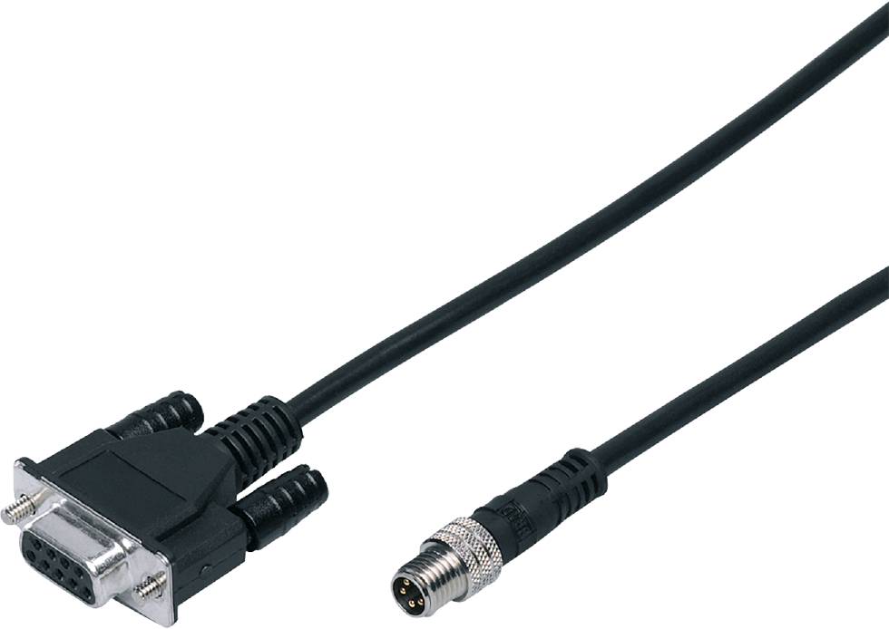 Ein VGA-Stecker und ein PS/2-Stecker, verbunden durch ein Kabel. Der VGA-Stecker ist quadratisch mit 15 Pins, der PS/2-Stecker rund mit 6 Pins.