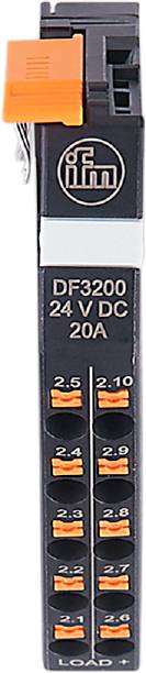 Schwarzes Relais mit Aufschrift 'DF3200, 24 V DC, 20A', darunter zwei orangefarbene Anschlüsse.
