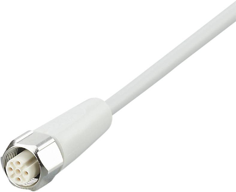 Ein weißes Koaxialkabel mit einem metallenen F-Stecker, das für den Anschluss von TV- oder Satellitensignalen verwendet wird.