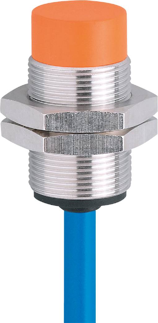 Metallsensor mit Kabel, zeigt Gewinde und Verschraubung, Hintergrund neutral.