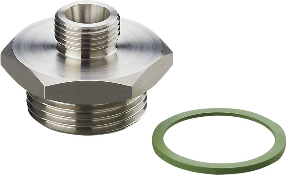 Metallverbindungsstück mit Außengewinde und Dichtung, vermutlich für Rohrinstallationen.