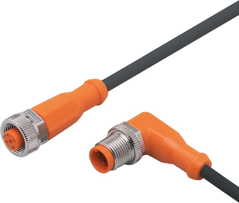 Schwarzes Kabel mit orangefarbenem Stecker und Metallgewinde, verbunden mit einem rechten Winkeladapter, ebenfalls orange.