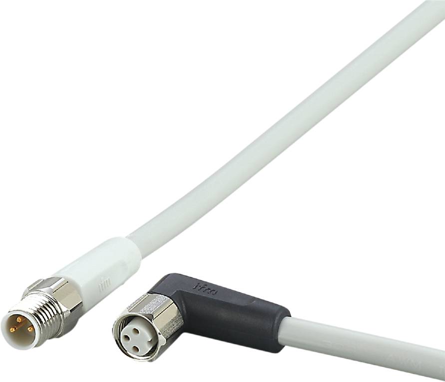 Ein weißes Kabel mit rechteckigem Stecker ist mit einem runden Stecker an einem grauen Kabel verbunden, vor weißem Hintergrund.