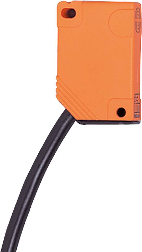 Orangefarbener Rechtecksensor mit Kabelanschluss, verwendet in Automatisierungstechnologien zur Objekterkennung und Abstandsmessung.