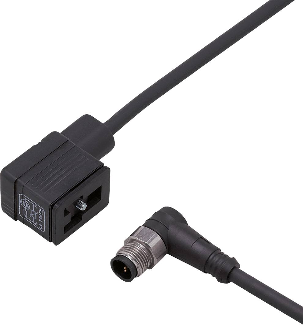 Ein schwarzes rechteckiges elektrisches Steckverbindungskabel mit Winkeladapter; dient zum Verbinden von Geräten in industriellen Anwendungen.