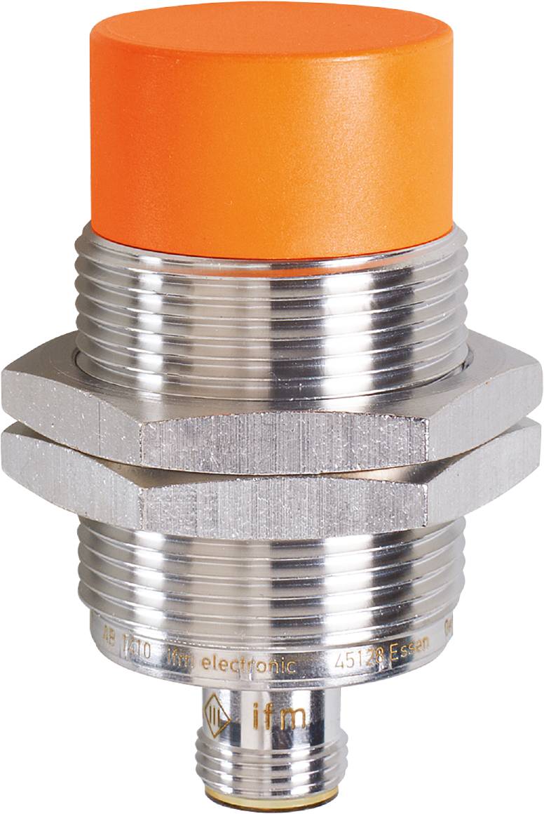 Ein orangefarbener, zylindrischer Sensor mit Metallgewinde, geeignet für industrielle Anwendungen zur Erkennung von Objekten.