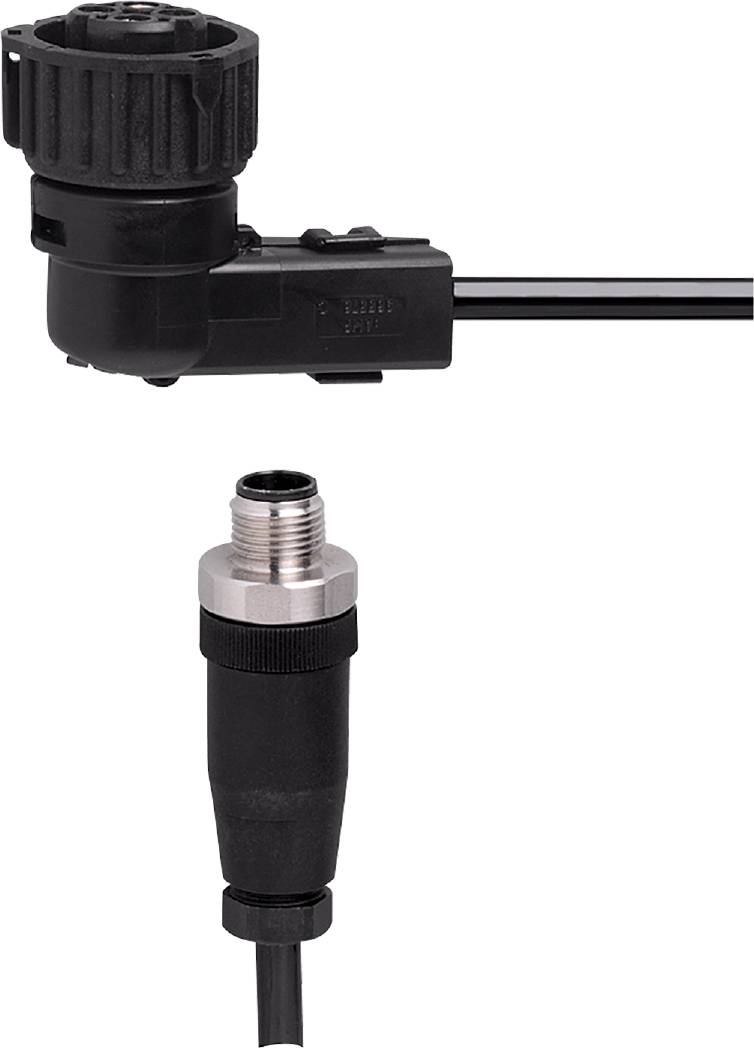 Zwei schwarze Verbindungskabel mit unterschiedlichen Steckertypen, die für elektrische Verbindungen verwendet werden.