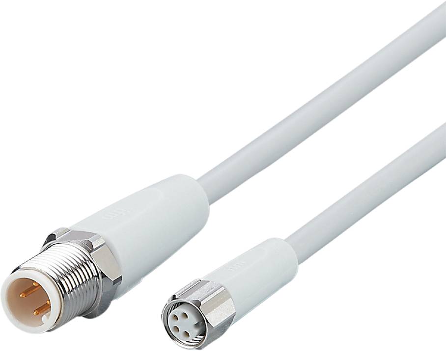 Zwei weiße M12-Steckverbinder und Kabel, einer mit Metallgewinde, der andere mit mehreren Pins, werden für industrielle Verbindungen verwendet.