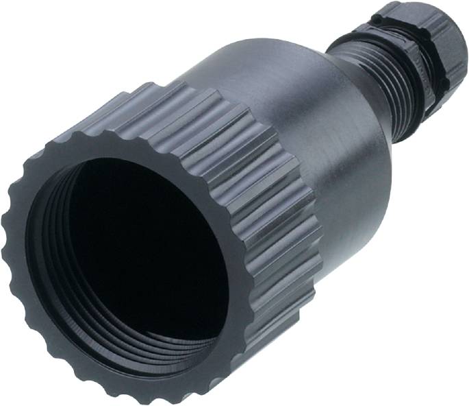 Ein schwarzes, geriffeltes Metallteil mit einem zylindrischen Körper und einem Gewindeanschluss, vermutlich ein Maschinenteil.