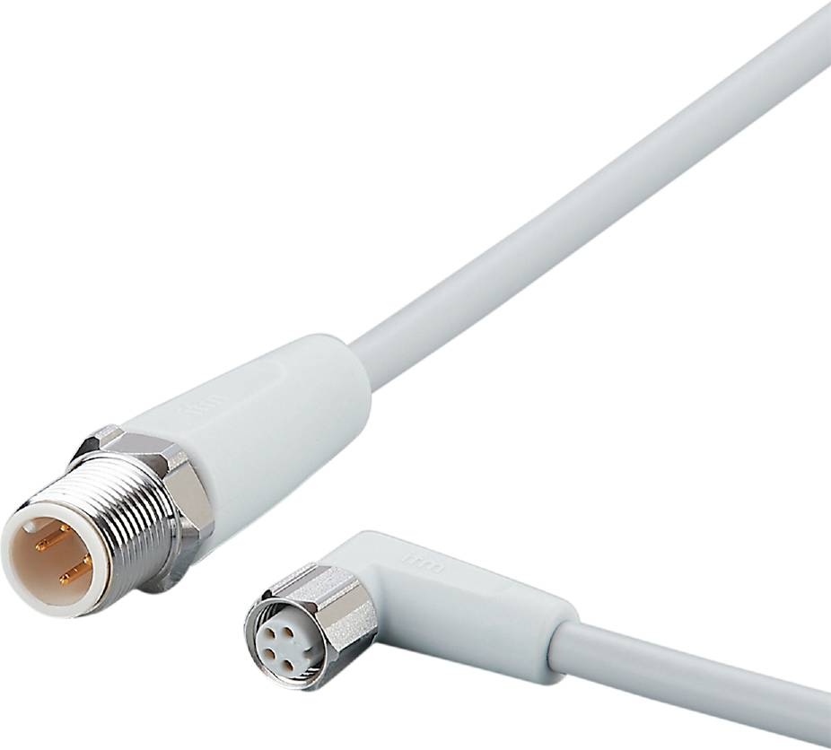 Zwei weiße Steckverbinder an einem Kabel, ein männlicher und ein weiblicher, die miteinander verbunden werden können.