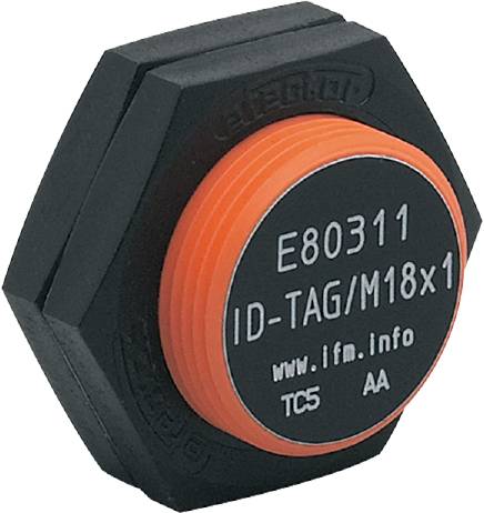 Ein schwarzer, sechseckiger Kunststoffsensor mit orangefarbener Oberseite. Inschrift: 'E80311 ID-TAG/M18x1 www.ifm.info TC5 AA'.