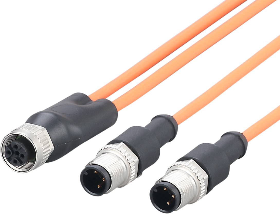 Drei orangene M8-Steckverbinder mit schwarzer Ummantelung, zwei parallel, einer abgehend, geeignet für industrielle Anwendungen.