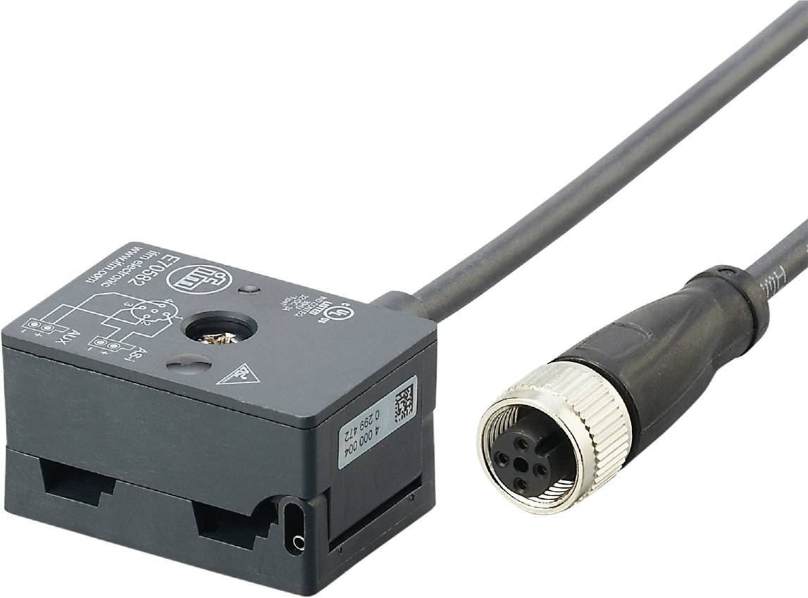 Ein rechteckiger Sensor mit Kabelanschluss, technischen Symbolen und CE-Kennzeichnung. Geeignet für elektronische Anwendungen.