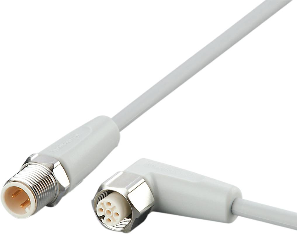 Ein graues, rundes Kabel mit einem Metallstecker an einem Ende, passend für eine elektrische Verbindung oder technische Installation.