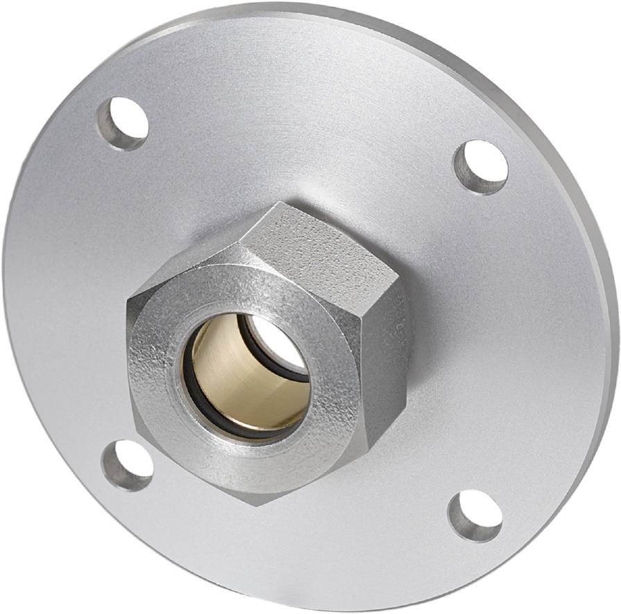 Metallflansch mit zentraler Sechskantmutter und vier Befestigungslöchern, verwendbar zur Verbindung von mechanischen Bauteilen.