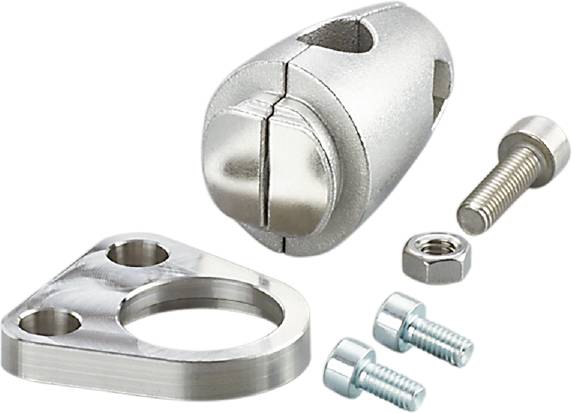 Metall-Befestigungssatz mit zwei Schrauben, einer Halterung und einem Splint. Eignet sich zur Montage oder Befestigung an Oberflächen.