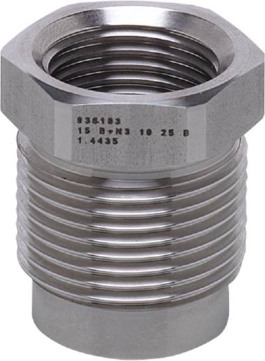 Eine silberne Metallverschraubung mit Gewinde und aufgedruckter Seriennummer.