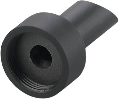 Schwarzer, röhrenförmiger Adapter aus Kunststoff mit Gewindeöffnung. Möglicherweise für den Anschluss an ein Rohr oder eine Leitung.