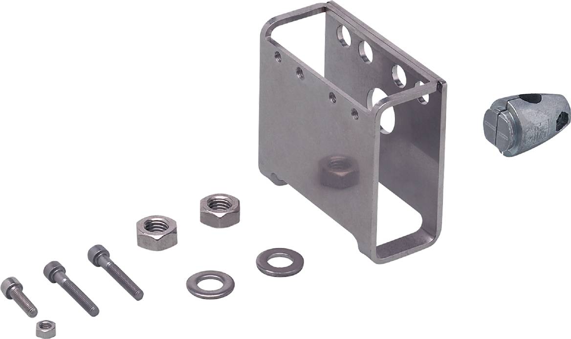 Metallhalterung mit Schrauben, Muttern und Unterlegscheiben. Die Bauteile sind zur Befestigung an einer Oberfläche geeignet.