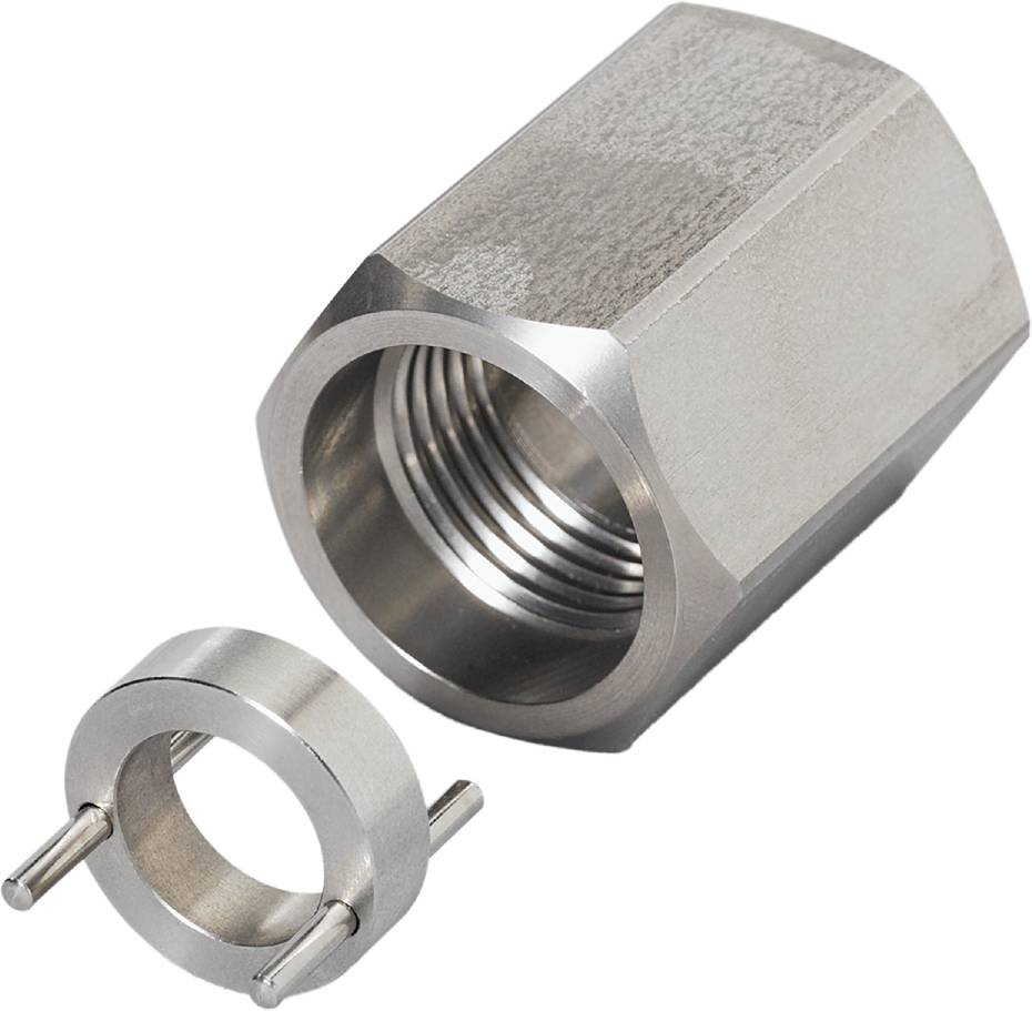 Ein Edelstahl-Sechskantadapter mit Innengewinde, daneben eine kleine, zylinderförmige Befestigung mit zwei hervorstehenden Stiften.