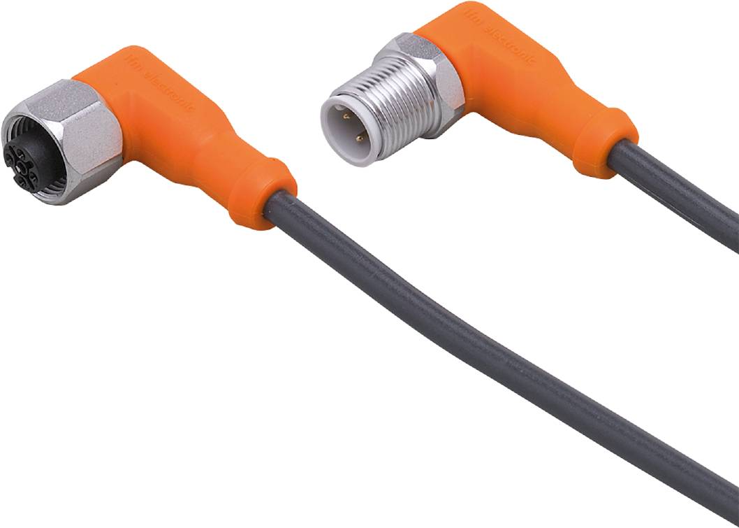 Ein abgewinkelter elektronischer Steckverbinder mit orangem Gehäuse und schwarzem Kabel, geeignet für industrielle Anwendungen.