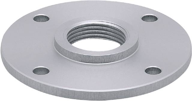 Eine silberne runde Metallflansch mit einem Innengewinde in der Mitte und vier Bohrlöchern am Rand.
