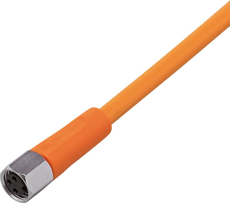 Ein orangefarbenes Sensorkabel mit sechspoligem Stecker, geeignet für industrielle Anwendungen.